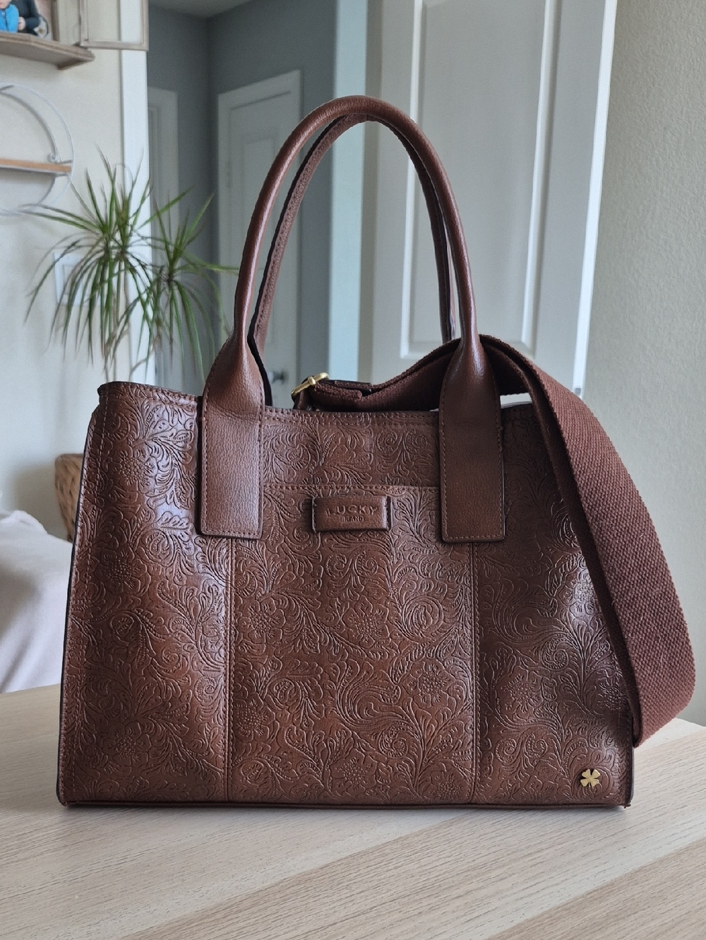 Lucky Brand Brown Floral Embossed Leather Satchel